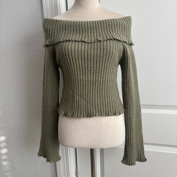 By Together Sweaters - NWT By Together Off Shoulder Ribbed Knit Sweater Top m Olive Green Bell Sleeve